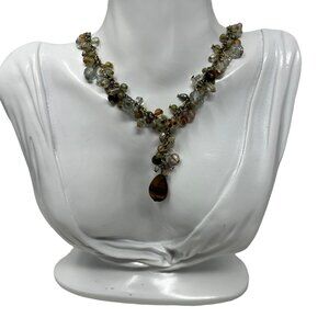 Vintage Avon Necklace Gold Tone Beaded Necklace with Faux Tiger Eye Pendant